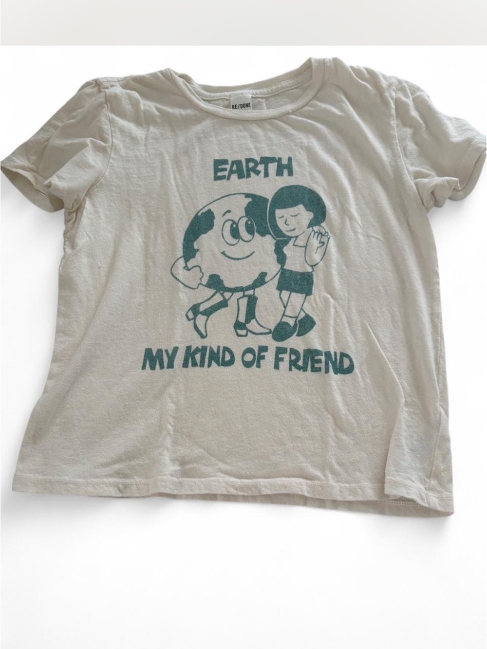 Re/Done Cream Tee with Teal Earth Graphic